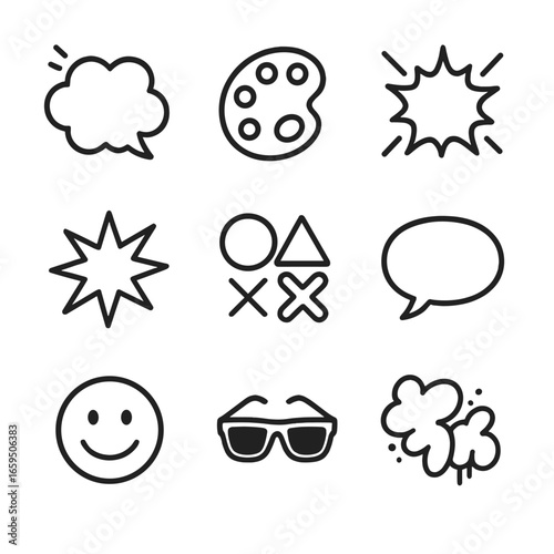 Pop Art Icon Grid. Outline icon set of pop art: comic bubble, bright colors, explosion, starburst, abstract shapes, speech bubble,