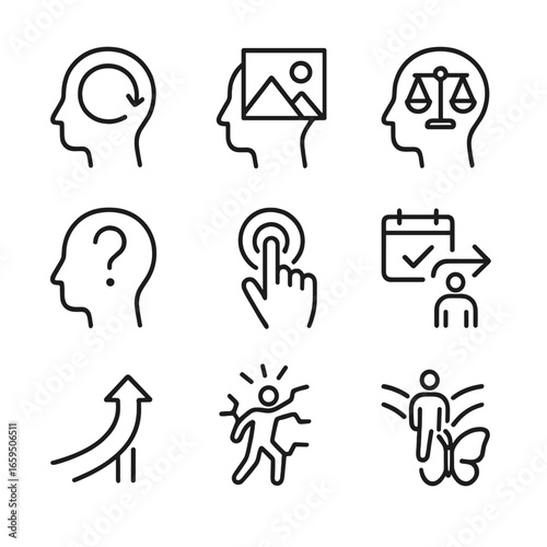 Psychological Shift Icons. Outline icon set of psychological and life shifts: mindset change, perspective shift, emotional balance