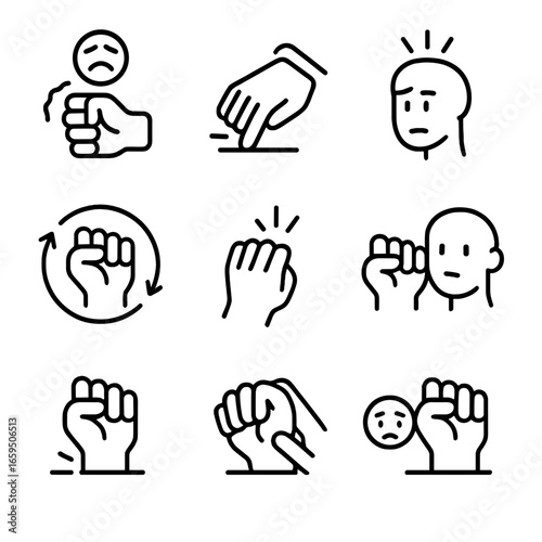 Psychology Knock Icons. Outline icon set of knock in psychology: nervous knock, anxious tapping, stress-induced knock, behavior