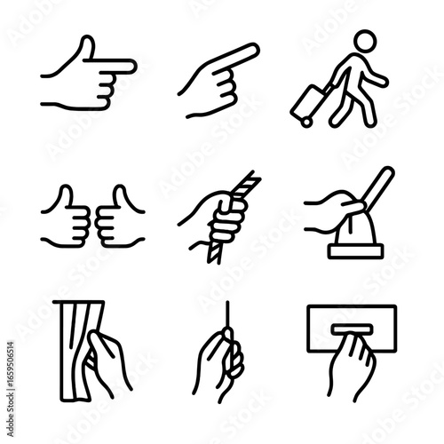 Icon Set_ Pull Gestures. Outline icon set of pull gestures and movements: hand pulling, finger pulling, two hands pulling, pulling