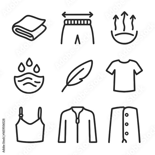 Pyjama Comfort Icons. Outline icon set of pyjama comfort features: soft fabric, stretchy waistband, breathable, moisture-wicking,