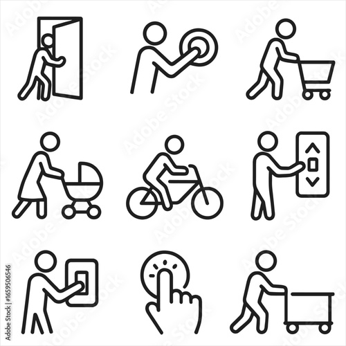 Push Icons Set. Outline icon set of push in everyday life: push door, push button, push shopping cart, push stroller, push bike,