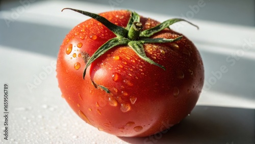 A single ripe red tomato with water droplets glistening on its surface isolated on white background