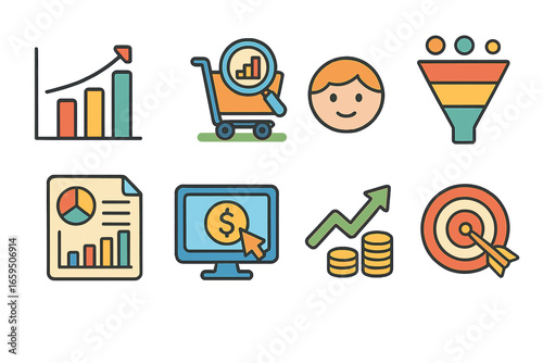 Children's Retail Analytics Icons. Flat vector mini-illustrations online retail analytics in colors children's