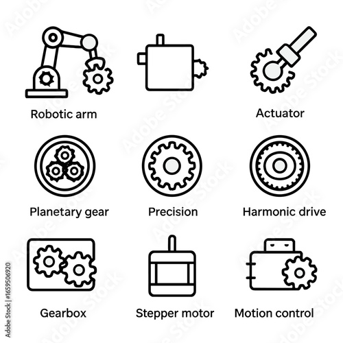 Robotics Gear Icons. Outline icon set of gear systems in robotics: robotic arm gear, servo motor gear, actuator gear, planetary