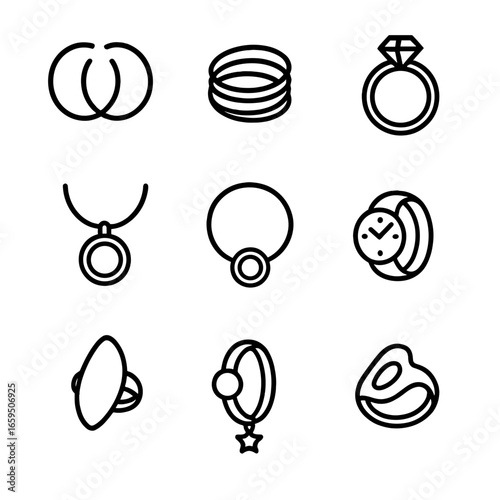 Ring Fashion Icons. Outline icon set of ring in fashion: hoop earrings, stackable rings, finger ring, ring necklace, bracelet with
