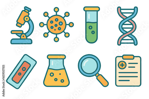 Children's Science Icons. Flat vector mini-illustrations advanced diagnostics in colors children's