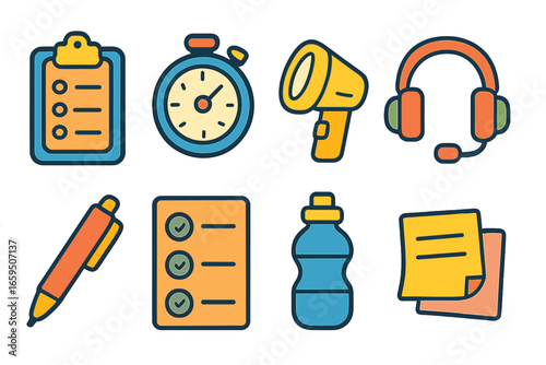 Children's Show Prep Icons. Flat vector mini-illustrations showtime preparation in colors children's