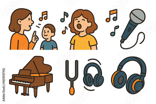 Children's Singing Essentials. Flat vector mini-illustrations singing lessons in colors children's