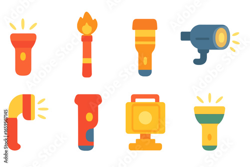 Safety Torch Icons. Flat vector mini-illustrations safety torches in colors children's illustrations: emergency torch, safety