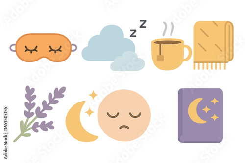 Children's Sleep Retreat Icons. Flat vector mini-illustrations Sleep and rest retreat in colors children's