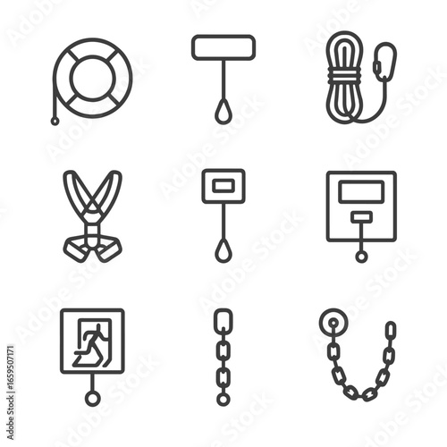Safety Icon Set. Outline icon set of pull in rescue and safety: lifeline pull, emergency pull, safety rope, tow rope, rescue