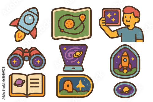Children's Space Adventure Icons. Flat vector mini-illustrations Galaxy sightseeing icons in colors children's