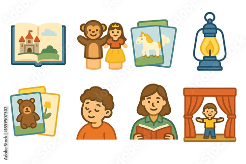 Children's Story Icons. Flat vector mini-illustrations Storytelling with visual aids in colors children's