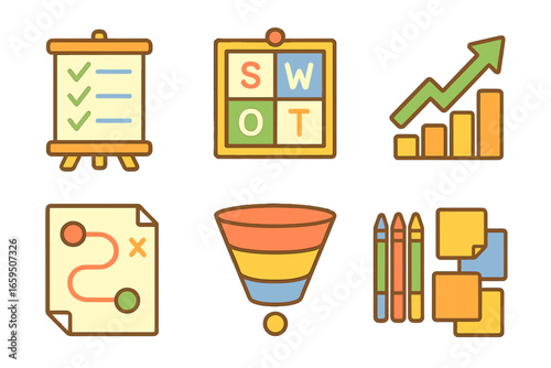 Children's Strategy Tools. Flat vector mini-illustrations marketing strategy tools in colors children's