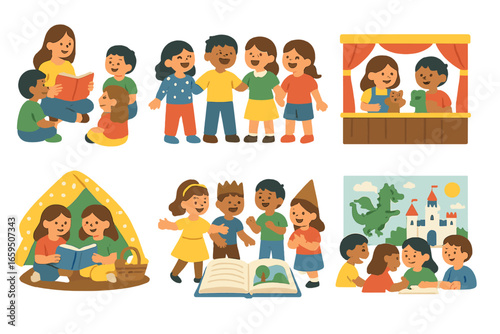 Children's Storytime Icons. Flat vector mini-illustrations of group story adventures in colors children's