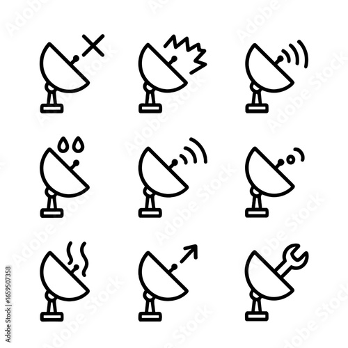 Satellite Signal Icons. Outline icon set of satellite dish signal issues: signal loss, interference, weak signal, rain fade,