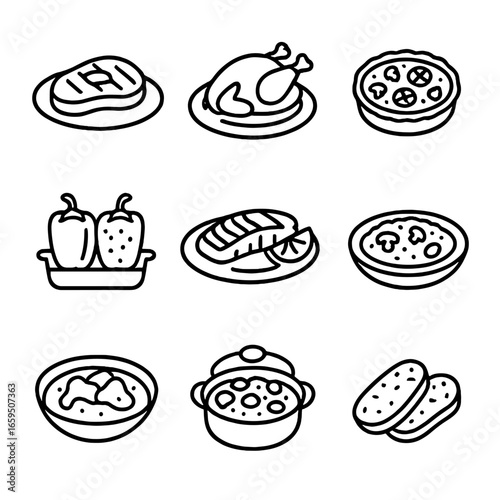 Savory Dishes Icons. Outline icon set of savory dishes: grilled steak, roasted chicken, vegetable quiche, stuffed peppers, baked