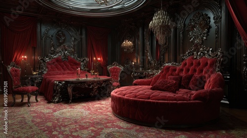 Opulent bedroom suite with rich, dark wood accents, lush red fabrics, and intricate details create a luxurious, old-world aesthetic.