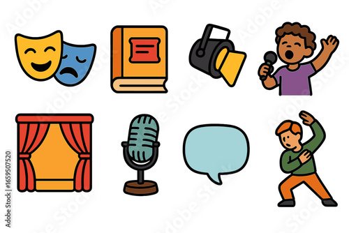 Children's Theater Icons. Flat vector mini-illustrations Vocal storytelling in theater in colors children's