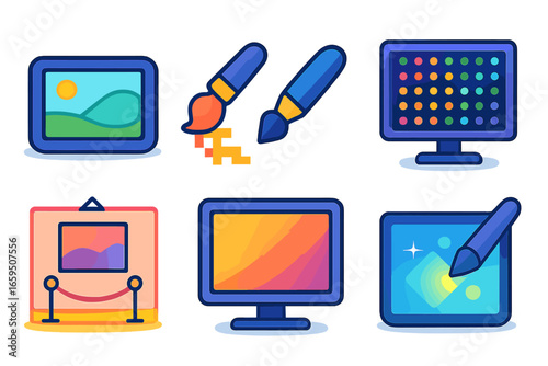 Children's Tech Icons. Flat vector mini-illustrations Digital art on large screens in colors children's