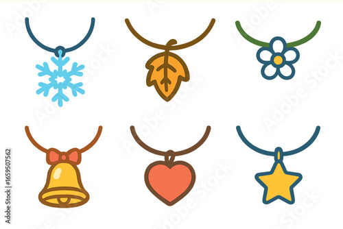 Seasonal Necklaces Grid. Flat vector mini-illustrations seasonal necklaces in colors children's illustrations: snowflake pendant,