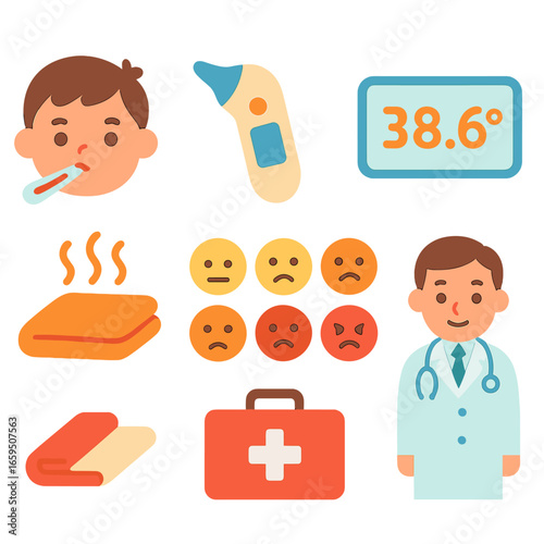 Children's Temperature Tools. Flat vector mini-illustrations measuring body temperature in colors children's