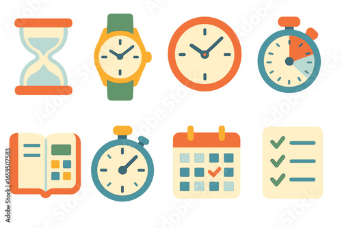 Children's Time Management Tools. Flat vector mini-illustrations Time management tools in colors children's