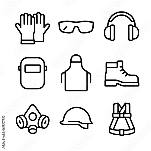 Sheet Metal Safety Icons. Outline icon set of sheet metal safety equipment: gloves, safety glasses, ear protection, welding mask,