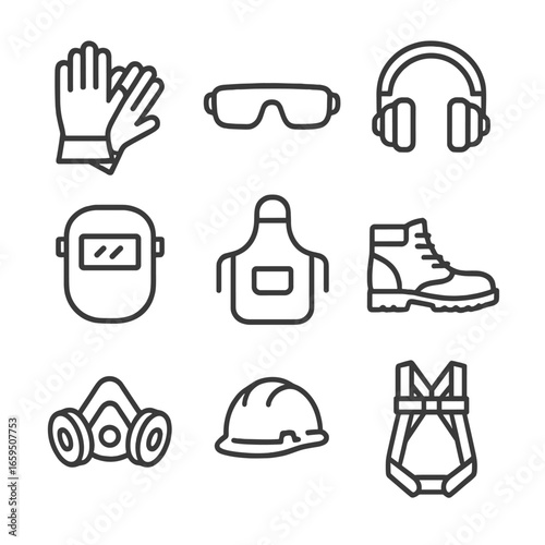 Sheet Metal Safety Icons. Outline icon set of sheet metal safety equipment: gloves, safety glasses, ear protection, welding mask,