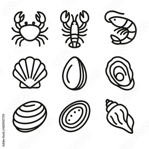 Shellfish Icon Set. Outline icon set of shellfish: crab, lobster, shrimp, scallop, mussel, oyster, clam, abalone, conch. [Line