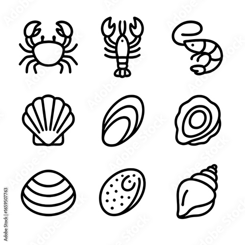 Shellfish Icon Set. Outline icon set of shellfish: crab, lobster, shrimp, scallop, mussel, oyster, clam, abalone, conch. [Line
