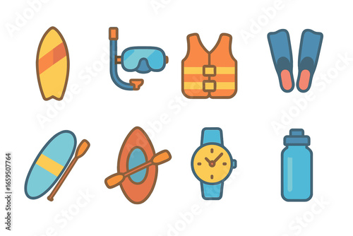 Children's Water Sports Gear. Flat vector mini-illustrations Water sports gear in colors children's