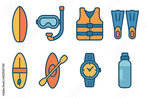 Children's Water Sports Gear. Flat vector mini-illustrations Water sports gear in colors children's
