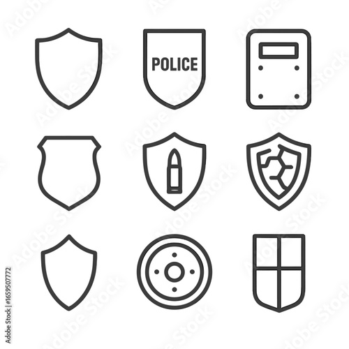 Shield Icon Collection. Outline icon set of shield types: medieval shield, police shield, riot shield, heraldic shield,