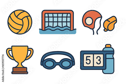 Children's Water Polo Icons. Flat vector mini-illustrations water polo match in colors children's