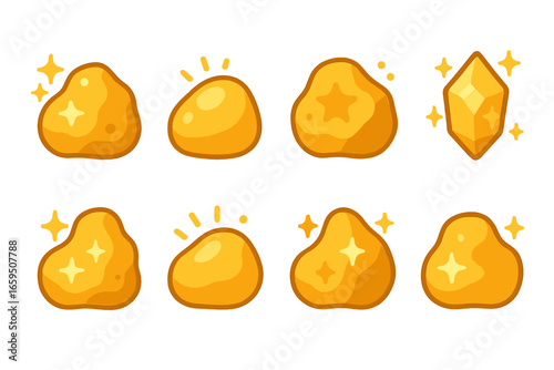 Shiny Nugget Icons. Flat vector mini-illustrations shiny nuggets in colors children's illustrations: golden nugget with sparkles,