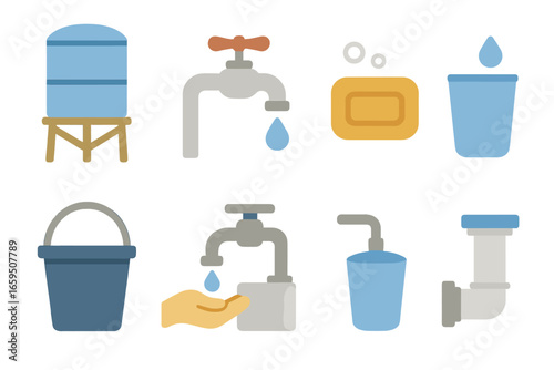 Children's Water Station. Flat vector mini-illustrations Clean water station in colors children's