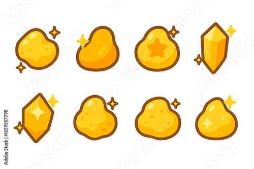 Shiny Nugget Icons. Flat vector mini-illustrations shiny nuggets in colors children's illustrations: golden nugget with sparkles,