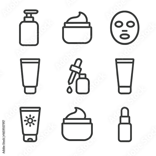 Skincare Icon Set. Outline icon set of creamy skincare and cosmetics: lotion bottle, cream jar, face mask, moisturizer tube, serum