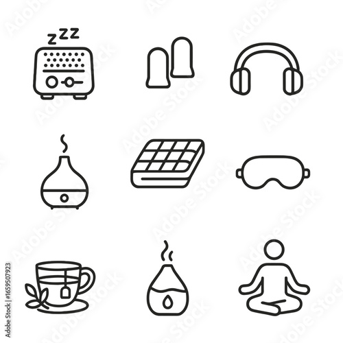 Sleep Aids Icons. Outline icon set of sleep aids: white noise machine, ear plugs, sleep headphones, essential oil diffuser,