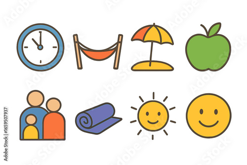 Children's Work-Life Balance Icons. Flat vector mini-illustrations Work-life balance in colors children's