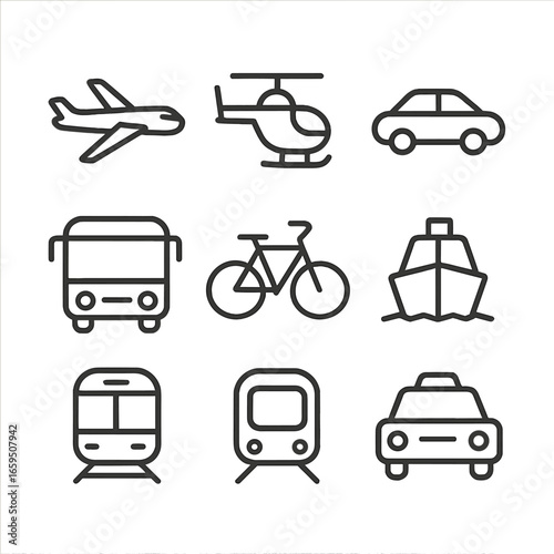 Wallpaper Mural Skyline Transportation Icons. Outline icon set of transportation in skyline: airplane, helicopter, car, bus, bicycle, boat, train, Torontodigital.ca