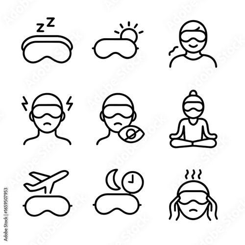 Sleep Mask Benefits Icons. Outline icon set of sleep mask benefits: improved sleep, light blocking, relaxation, migraine relief,