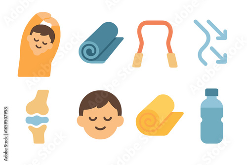 Children's Yoga Icons. Flat vector mini-illustrations Gentle movement and stretching in colors children's