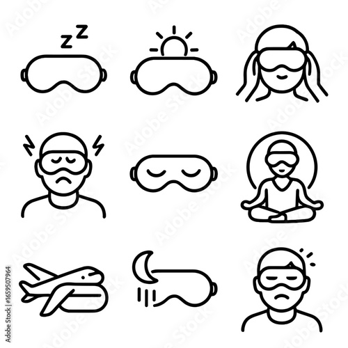 Sleep Mask Benefits Icons. Outline icon set of sleep mask benefits: improved sleep, light blocking, relaxation, migraine relief,