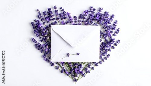White envelope centered in a heart of lavender sprigs on white background
