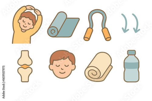 Children's Yoga Icons. Flat vector mini-illustrations Gentle movement and stretching in colors children's