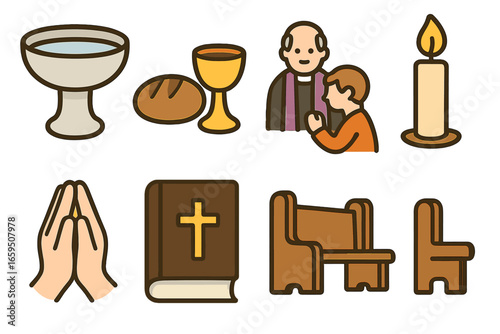 Christian Rituals Icons. Flat vector mini-illustrations Christian rituals and sacraments in colors children's