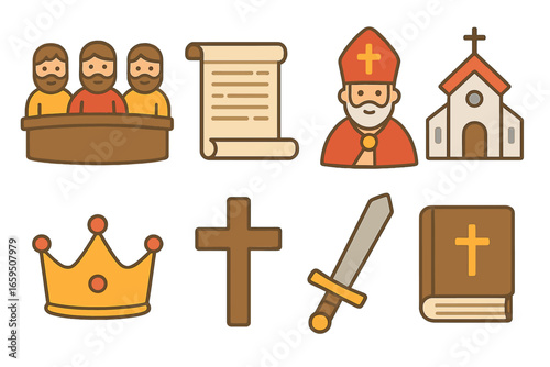 Christian History Icons. Flat vector mini-illustrations Christian historical events in colors children's